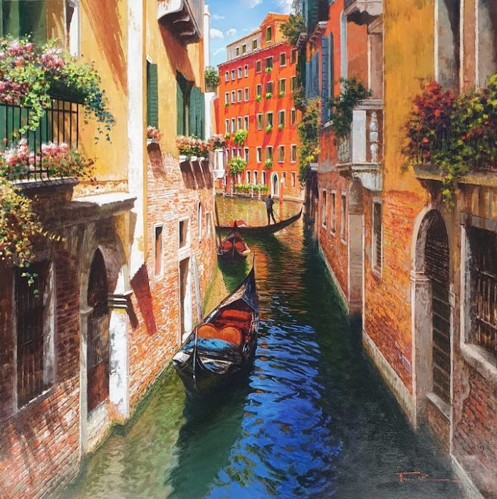 RAFFAELE FIORE: Venedig, Gondeln im Kanal - Original